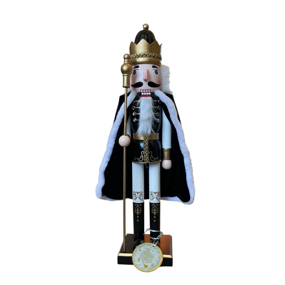 Large 22in KING NUTCRACKER w/ Cape Holiday Glam Black White Gold New